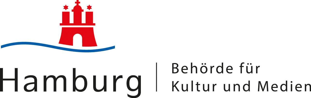 Logo der Hamburgischen Behörde für Kultur und Medien mit rotem Hamburger Wappen und blauer Wellenlinie.