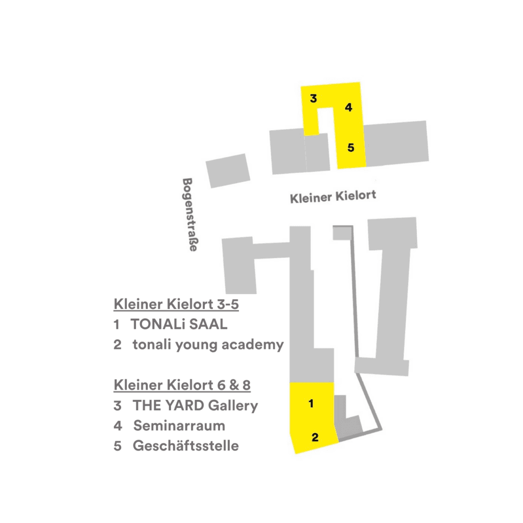 Zu sehen ist der TONALi Campus Lageplan: Kleiner Kielort 3-5: TONALi SAAL und tonali Young Academy, Kleiner Kielort 6&8: THE YARD Gallery, Seminarraum und Geschäftsstelle